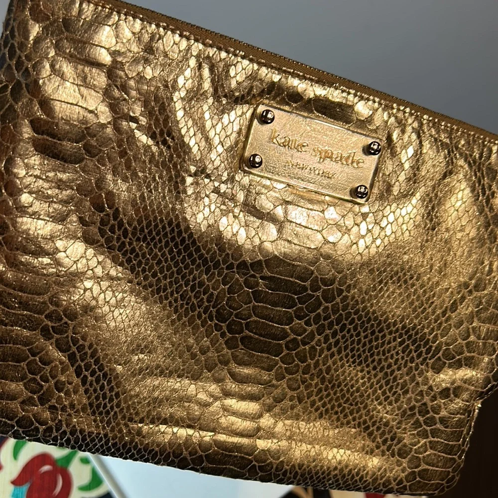 Kate Spade Foiled Pouch Makeup Bag Clutch Snake Print Gold - Picture 9 of 9